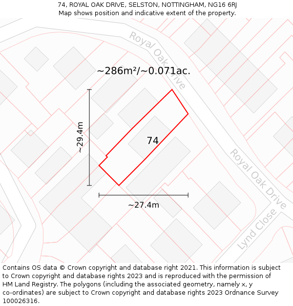 74, ROYAL OAK DRIVE, SELSTON, NOTTINGHAM, NG16 6RJ: Plot and title map