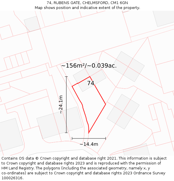 74, RUBENS GATE, CHELMSFORD, CM1 6GN: Plot and title map