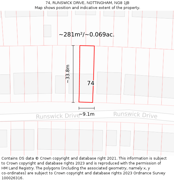 74, RUNSWICK DRIVE, NOTTINGHAM, NG8 1JB: Plot and title map