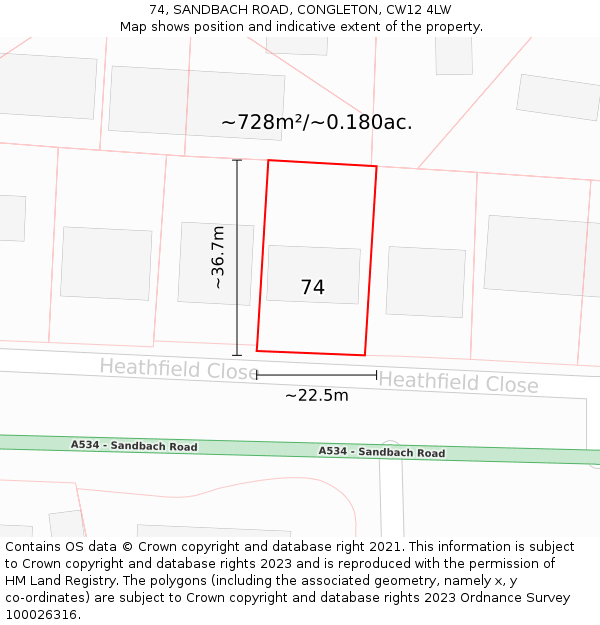 74, SANDBACH ROAD, CONGLETON, CW12 4LW: Plot and title map