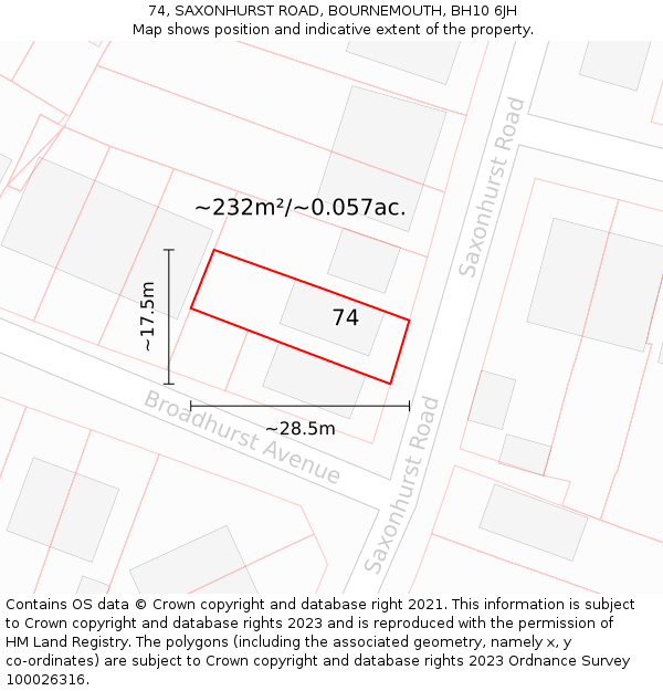 74, SAXONHURST ROAD, BOURNEMOUTH, BH10 6JH: Plot and title map