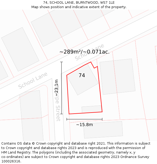 74, SCHOOL LANE, BURNTWOOD, WS7 1LE: Plot and title map