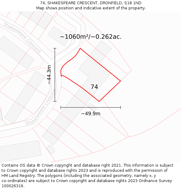 74, SHAKESPEARE CRESCENT, DRONFIELD, S18 1ND: Plot and title map