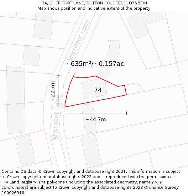 74, SHERIFOOT LANE, SUTTON COLDFIELD, B75 5DU: Plot and title map