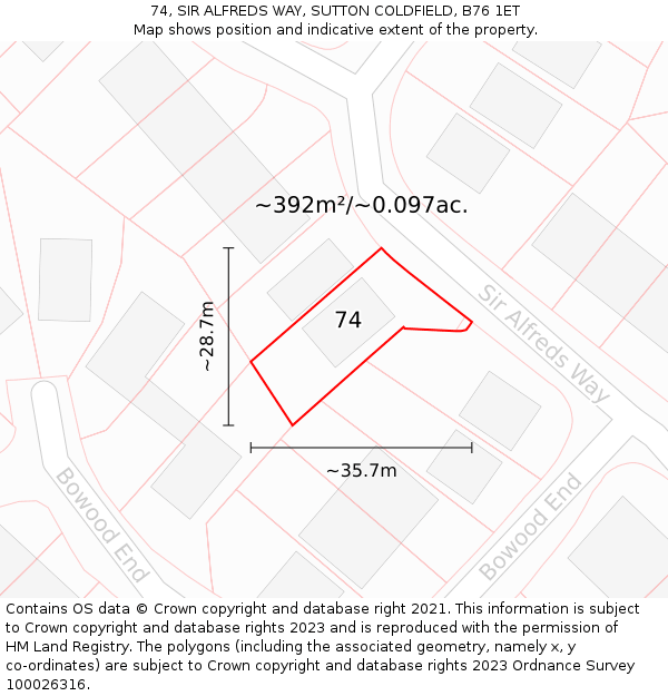 74, SIR ALFREDS WAY, SUTTON COLDFIELD, B76 1ET: Plot and title map