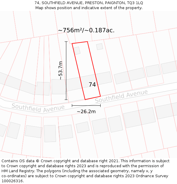 74, SOUTHFIELD AVENUE, PRESTON, PAIGNTON, TQ3 1LQ: Plot and title map