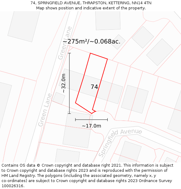 74, SPRINGFIELD AVENUE, THRAPSTON, KETTERING, NN14 4TN: Plot and title map