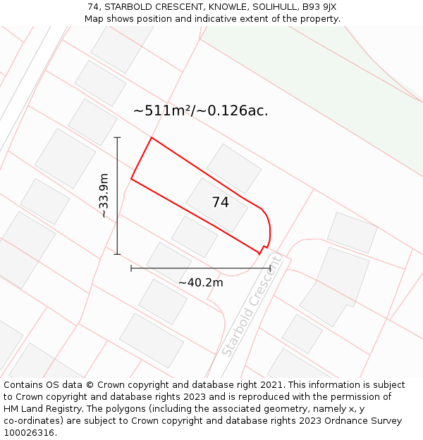 74, STARBOLD CRESCENT, KNOWLE, SOLIHULL, B93 9JX: Plot and title map