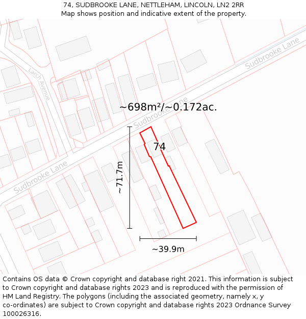 74, SUDBROOKE LANE, NETTLEHAM, LINCOLN, LN2 2RR: Plot and title map