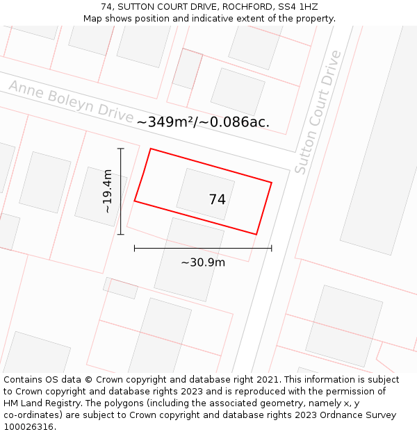 74, SUTTON COURT DRIVE, ROCHFORD, SS4 1HZ: Plot and title map