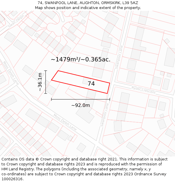 74, SWANPOOL LANE, AUGHTON, ORMSKIRK, L39 5AZ: Plot and title map