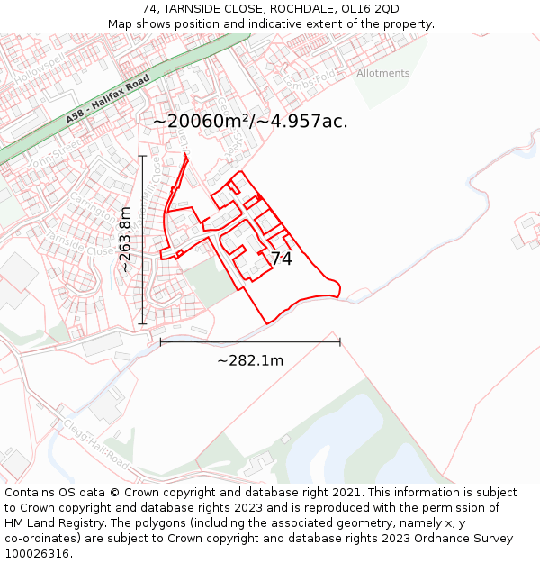 74, TARNSIDE CLOSE, ROCHDALE, OL16 2QD: Plot and title map
