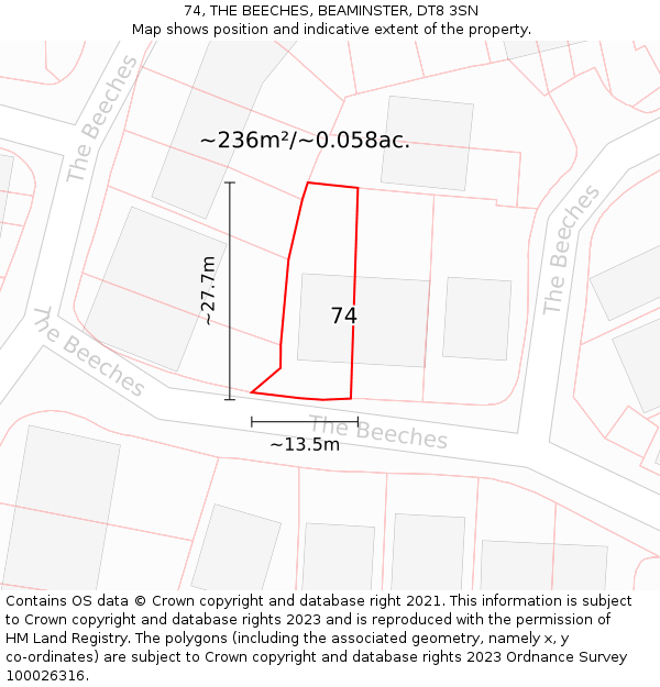 74, THE BEECHES, BEAMINSTER, DT8 3SN: Plot and title map