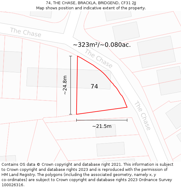74, THE CHASE, BRACKLA, BRIDGEND, CF31 2JJ: Plot and title map