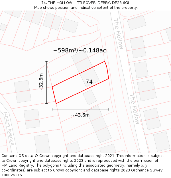 74, THE HOLLOW, LITTLEOVER, DERBY, DE23 6GL: Plot and title map