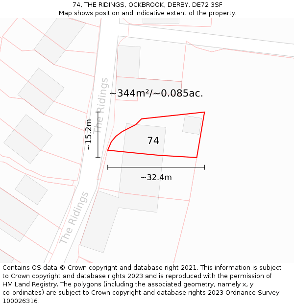74, THE RIDINGS, OCKBROOK, DERBY, DE72 3SF: Plot and title map