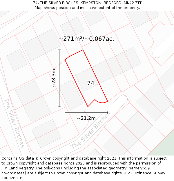 74, THE SILVER BIRCHES, KEMPSTON, BEDFORD, MK42 7TT: Plot and title map