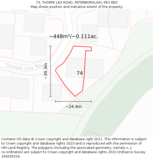 74, THORPE LEA ROAD, PETERBOROUGH, PE3 6BZ: Plot and title map