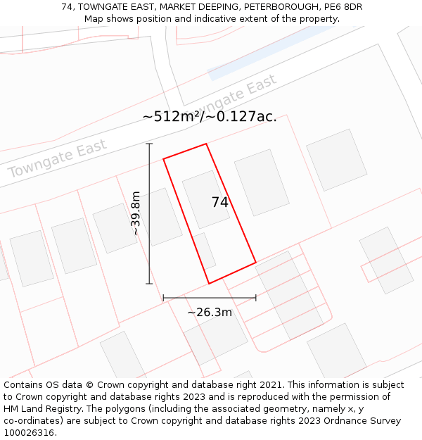 74, TOWNGATE EAST, MARKET DEEPING, PETERBOROUGH, PE6 8DR: Plot and title map