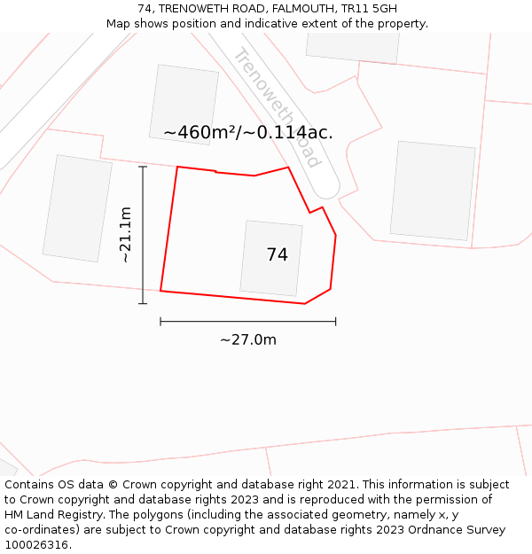 74, TRENOWETH ROAD, FALMOUTH, TR11 5GH: Plot and title map