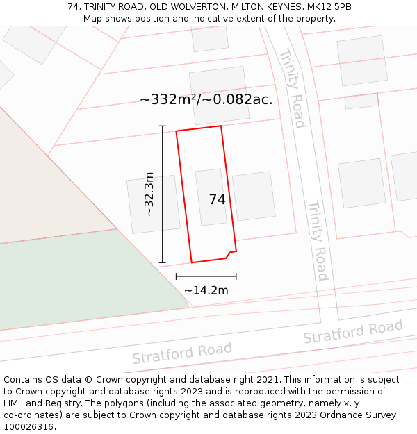 74, TRINITY ROAD, OLD WOLVERTON, MILTON KEYNES, MK12 5PB: Plot and title map