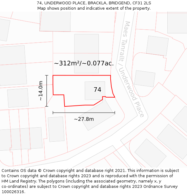 74, UNDERWOOD PLACE, BRACKLA, BRIDGEND, CF31 2LS: Plot and title map