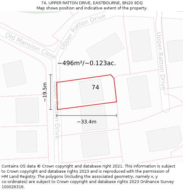 74, UPPER RATTON DRIVE, EASTBOURNE, BN20 9DQ: Plot and title map