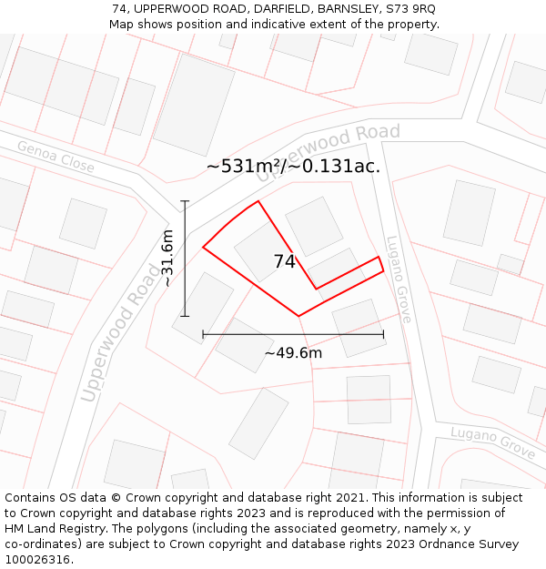 74, UPPERWOOD ROAD, DARFIELD, BARNSLEY, S73 9RQ: Plot and title map