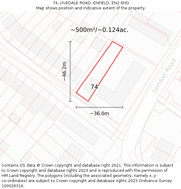 74, UVEDALE ROAD, ENFIELD, EN2 6HD: Plot and title map