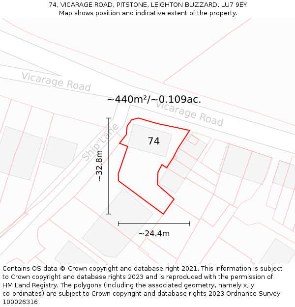 74, VICARAGE ROAD, PITSTONE, LEIGHTON BUZZARD, LU7 9EY: Plot and title map