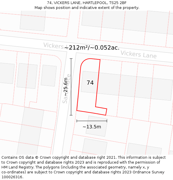 74, VICKERS LANE, HARTLEPOOL, TS25 2BF: Plot and title map