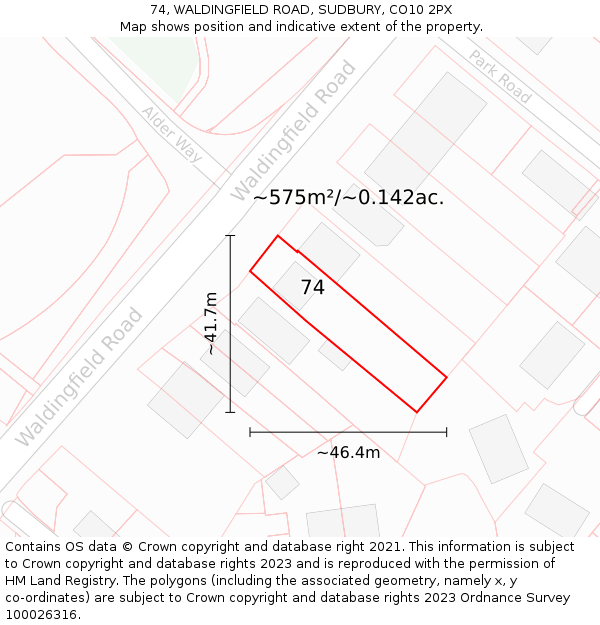 74, WALDINGFIELD ROAD, SUDBURY, CO10 2PX: Plot and title map