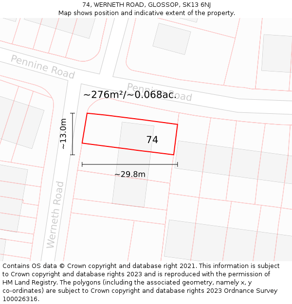 74, WERNETH ROAD, GLOSSOP, SK13 6NJ: Plot and title map
