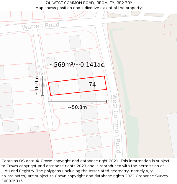 74, WEST COMMON ROAD, BROMLEY, BR2 7BY: Plot and title map