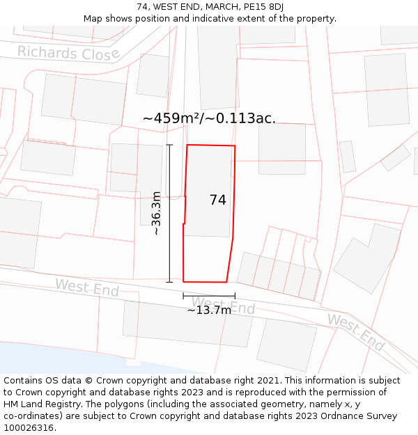 74, WEST END, MARCH, PE15 8DJ: Plot and title map