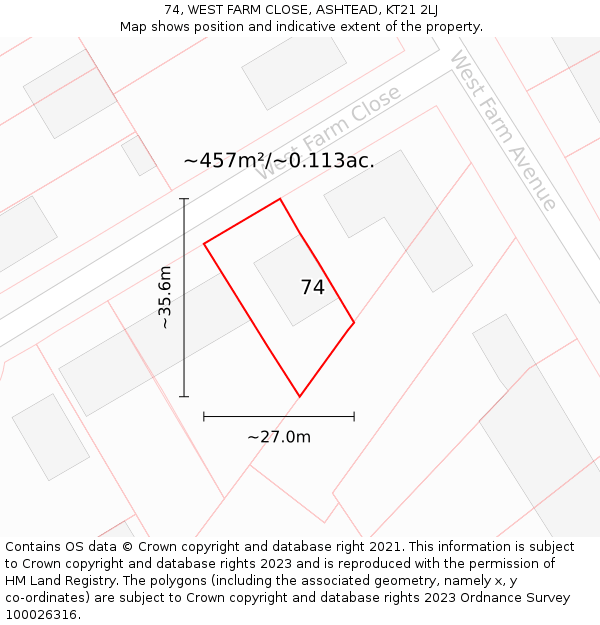 74, WEST FARM CLOSE, ASHTEAD, KT21 2LJ: Plot and title map