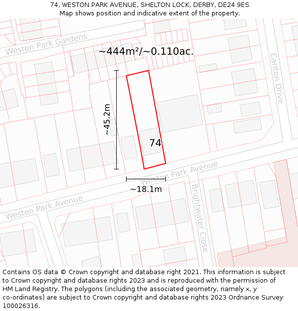 74, WESTON PARK AVENUE, SHELTON LOCK, DERBY, DE24 9ES: Plot and title map