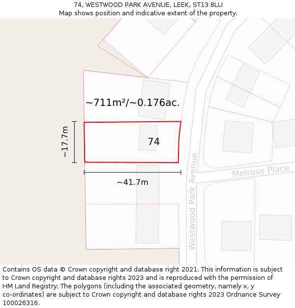 74, WESTWOOD PARK AVENUE, LEEK, ST13 8LU: Plot and title map