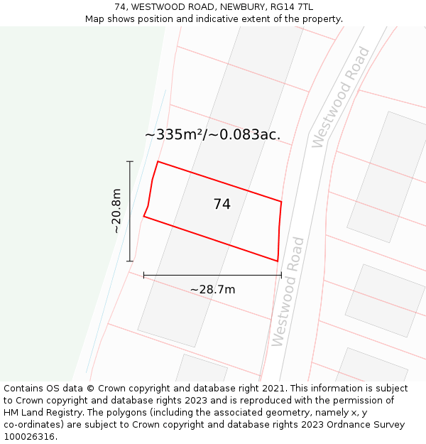 74, WESTWOOD ROAD, NEWBURY, RG14 7TL: Plot and title map
