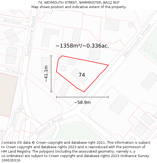 74, WEYMOUTH STREET, WARMINSTER, BA12 9NT: Plot and title map