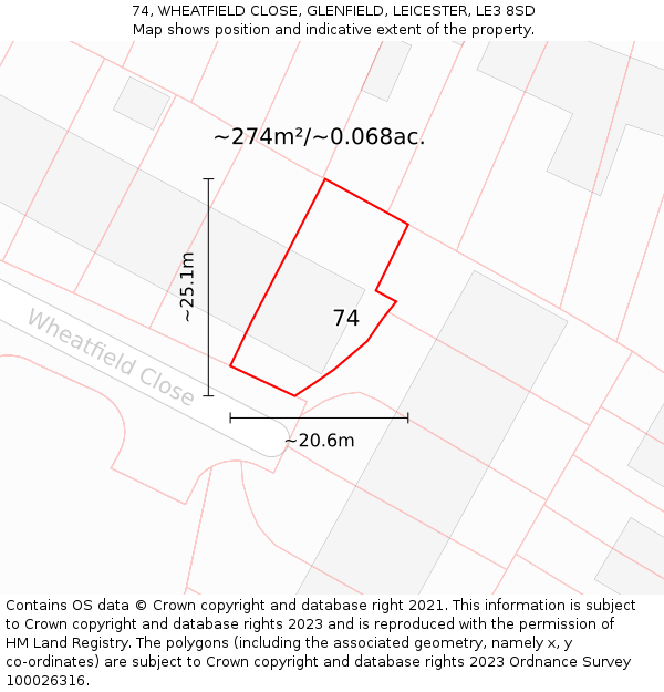 74, WHEATFIELD CLOSE, GLENFIELD, LEICESTER, LE3 8SD: Plot and title map