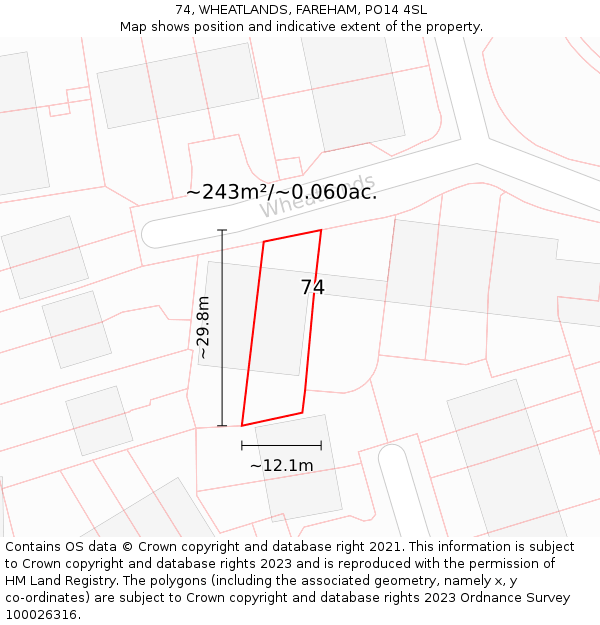 74, WHEATLANDS, FAREHAM, PO14 4SL: Plot and title map