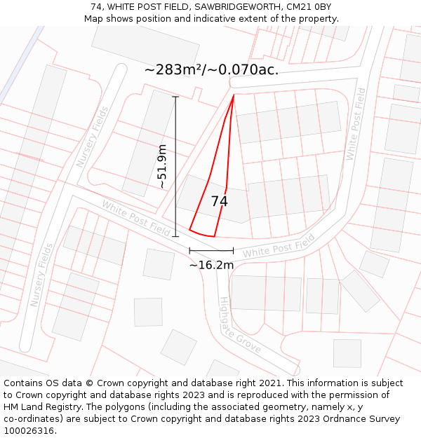 74, WHITE POST FIELD, SAWBRIDGEWORTH, CM21 0BY: Plot and title map