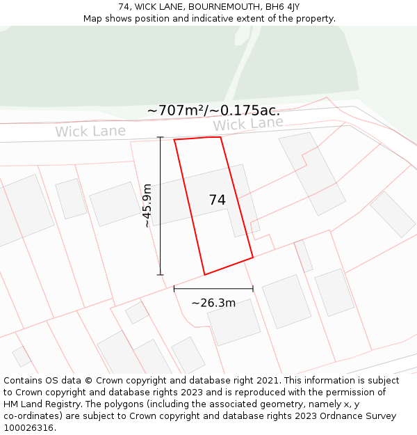 74, WICK LANE, BOURNEMOUTH, BH6 4JY: Plot and title map