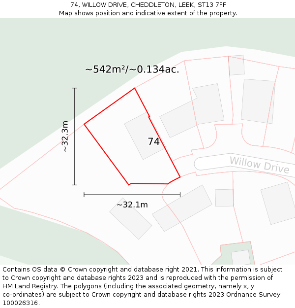 74, WILLOW DRIVE, CHEDDLETON, LEEK, ST13 7FF: Plot and title map