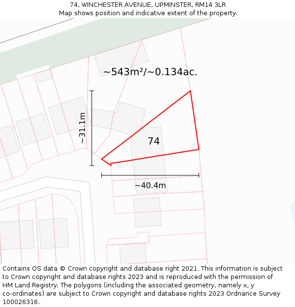 74, WINCHESTER AVENUE, UPMINSTER, RM14 3LR: Plot and title map