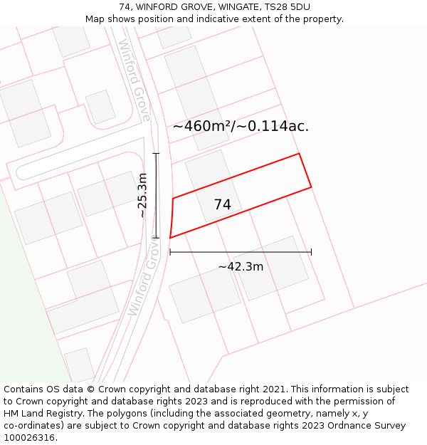 74, WINFORD GROVE, WINGATE, TS28 5DU: Plot and title map