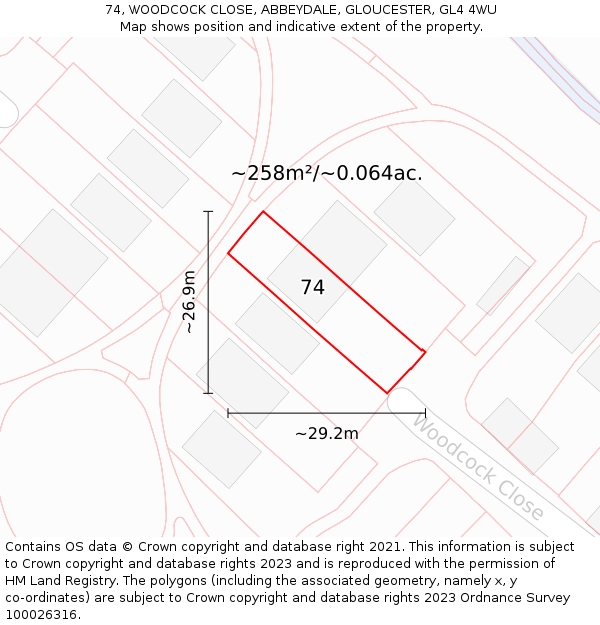 74, WOODCOCK CLOSE, ABBEYDALE, GLOUCESTER, GL4 4WU: Plot and title map
