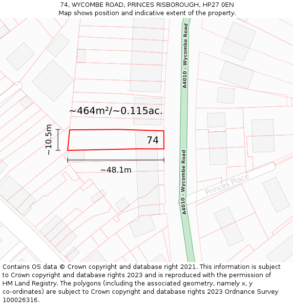 74, WYCOMBE ROAD, PRINCES RISBOROUGH, HP27 0EN: Plot and title map