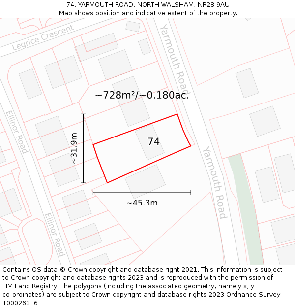 74, YARMOUTH ROAD, NORTH WALSHAM, NR28 9AU: Plot and title map
